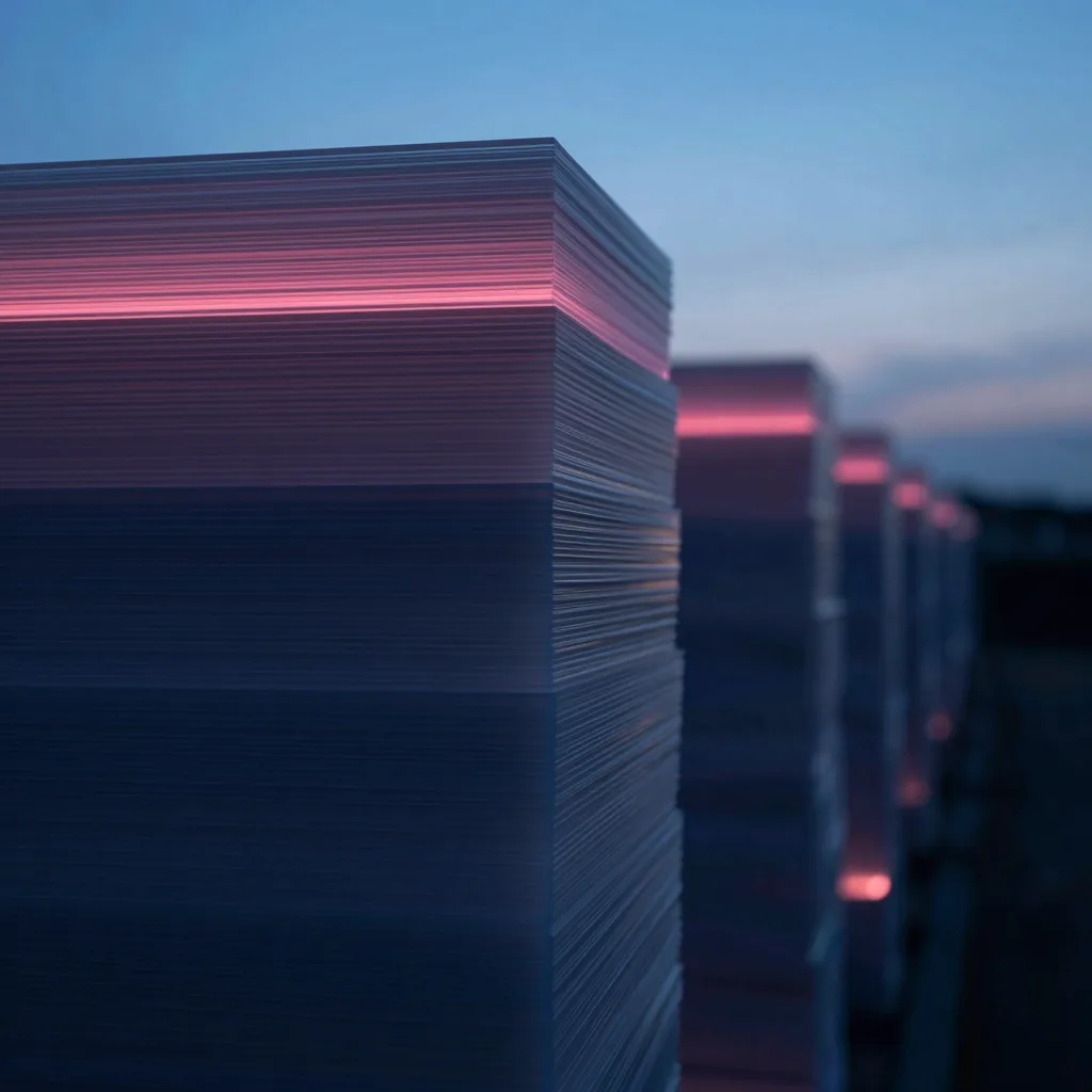 View looking up through a stack of translucent sheets from below, light pooling at the topmost layer.