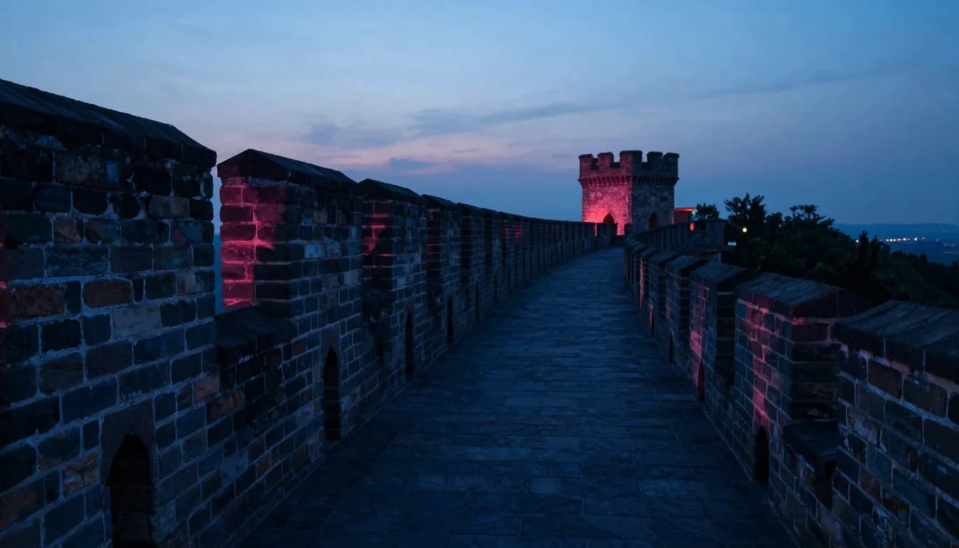 Low walking POV along the top of a medieval stone rampart at dusk, the crenellated parapet on one side, the empty stone walkway receding to a distant tower, the forested valley far below visible past the parapet edge.