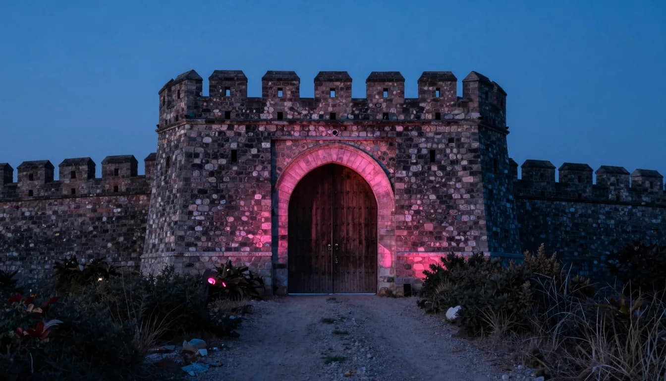 Stone fortification gate at dusk with closed heavy wooden doors, a dirt path leading up through low scrub, hot-pink sunset glow on the gate keystones and highest crenellation row.
