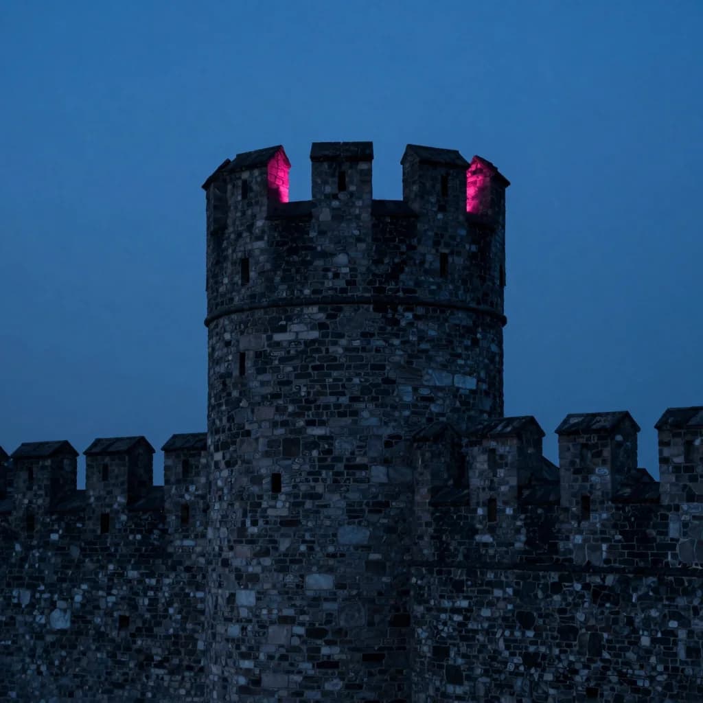 Looking straight up at a single crenellated stone watchtower at dusk, the cold electric-blue sky filling the negative space above, hot-pink sunset glow only on the upper crenellations.