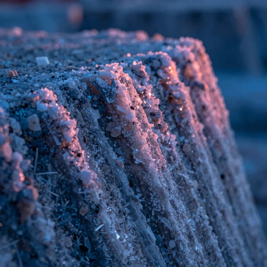 Macro detail of stacked translucent layers, cold-blue internal refraction visible through the front face, fine surface scratches catching warm-pink highlight.