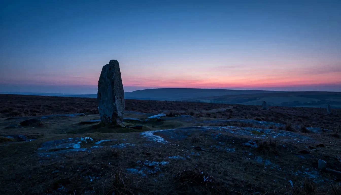 Distant ultra-wide view of an abandoned monolithic structure on a vast plain with deep electric blue sky and a pink horizon glow.