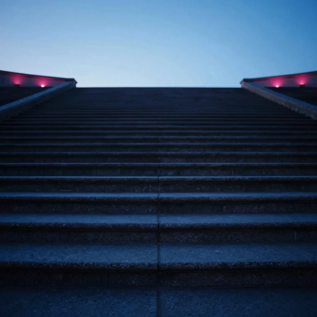 A vertical view looking straight up from the amphitheater floor through the rising tiers of stone seats toward the dusk sky.