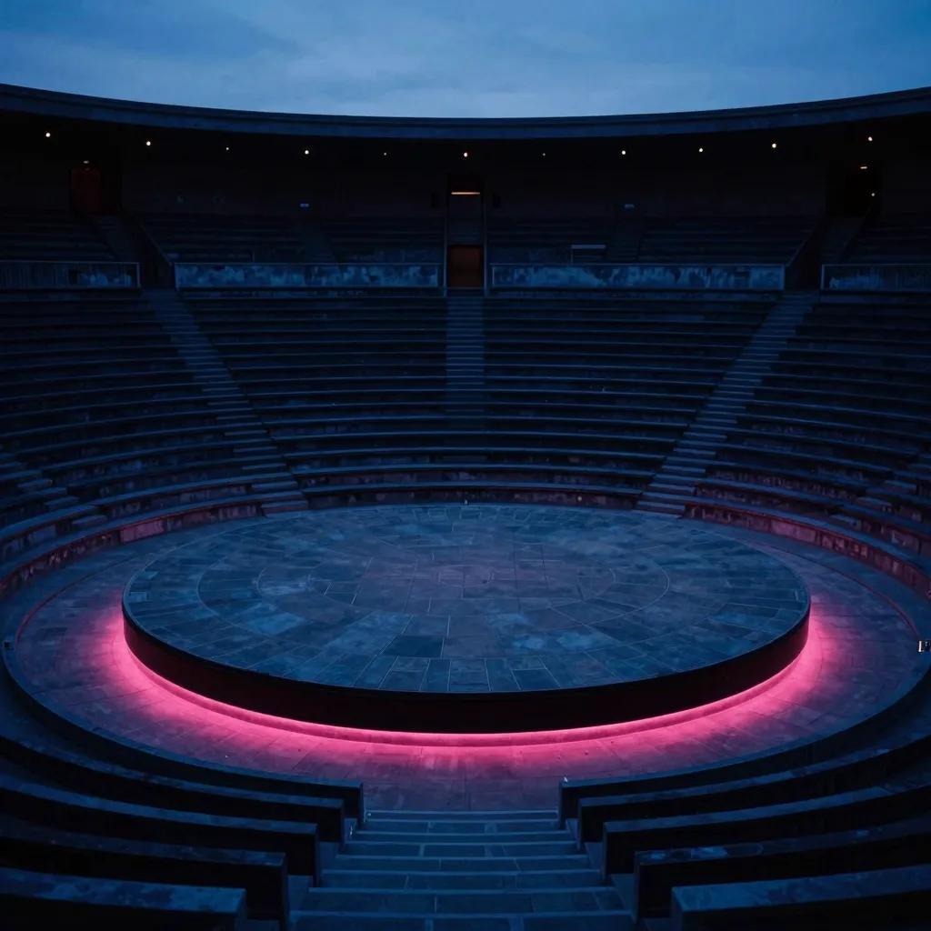 A centered shot of the circular stone stage at the heart of the amphitheater with surrounding tiers fading into dim dusk light.