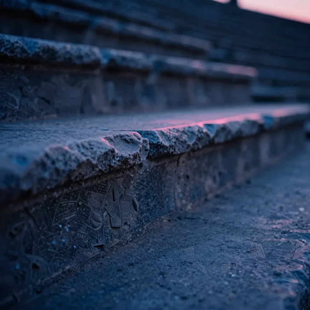 A close-up macro of a single weathered amphitheater stone step showing fine erosion patterns and grain detail.