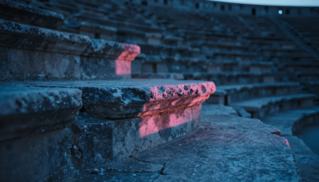 A close-up landscape view of stone joinery where one amphitheater tier meets the next, showing the seam between hewn blocks.