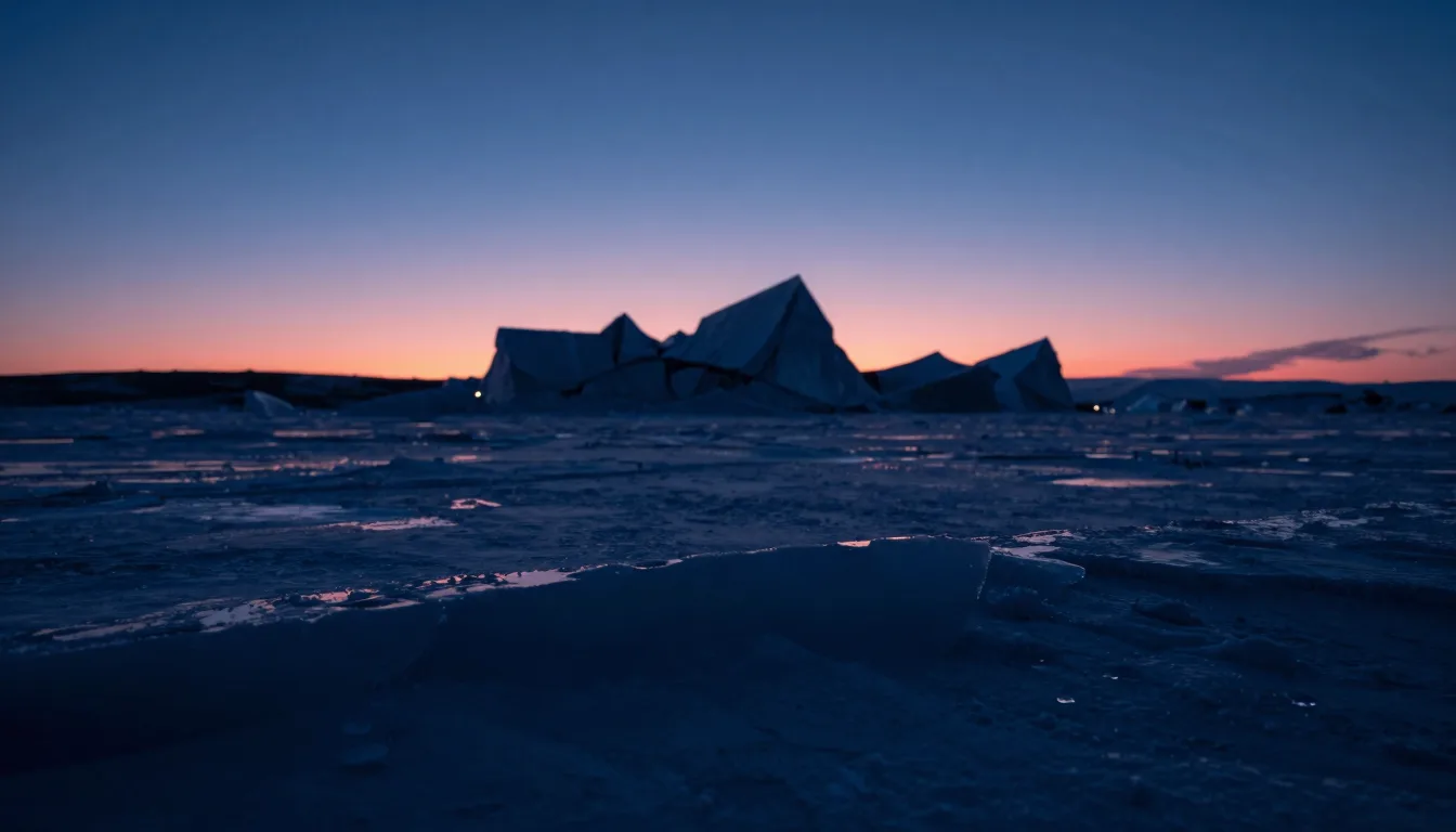 Ultra-wide ice formations receding to vanishing point on frozen horizon