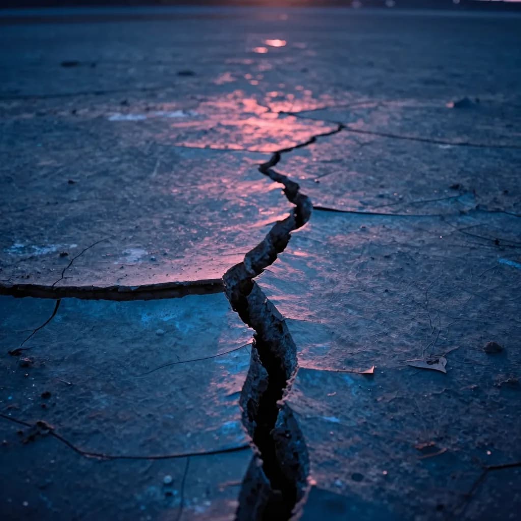 A single broken slab fragment lit by warm pink and cool blue on opposing faces, isolated against a deep void.
