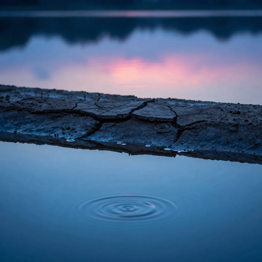 Mirror reflection on a still water surface doubling a row of vertical accents under a deep electric-blue sky, hard symmetry through the centerline.