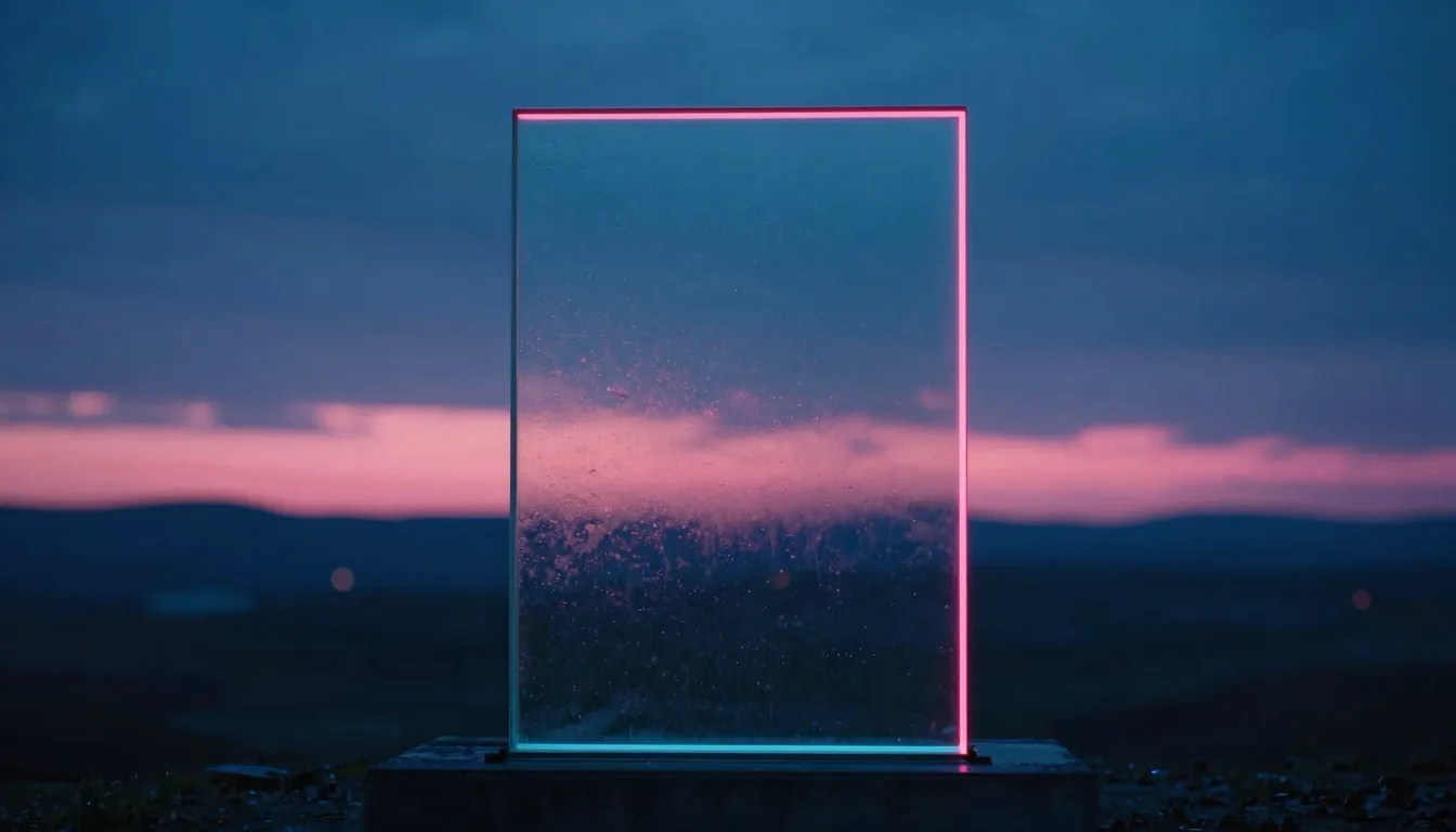 An upright pane of iridescent glass in an atmospheric landscape, a glowing wide horizontal band of light across its center.
