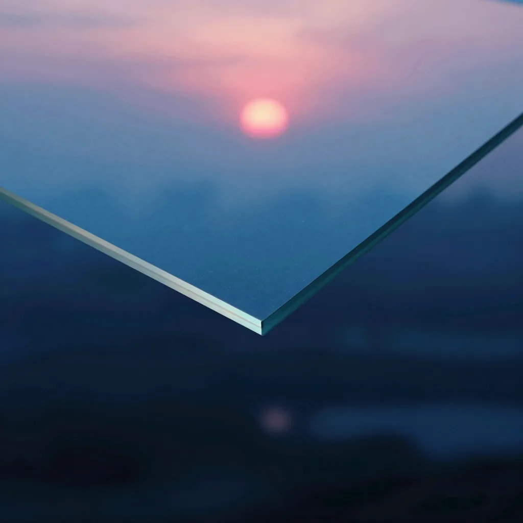Single jagged glass fragment isolated on a dark studio backdrop, broken edge under cold electric-blue rim, hot-pink dispersion bleeding through the inner face.