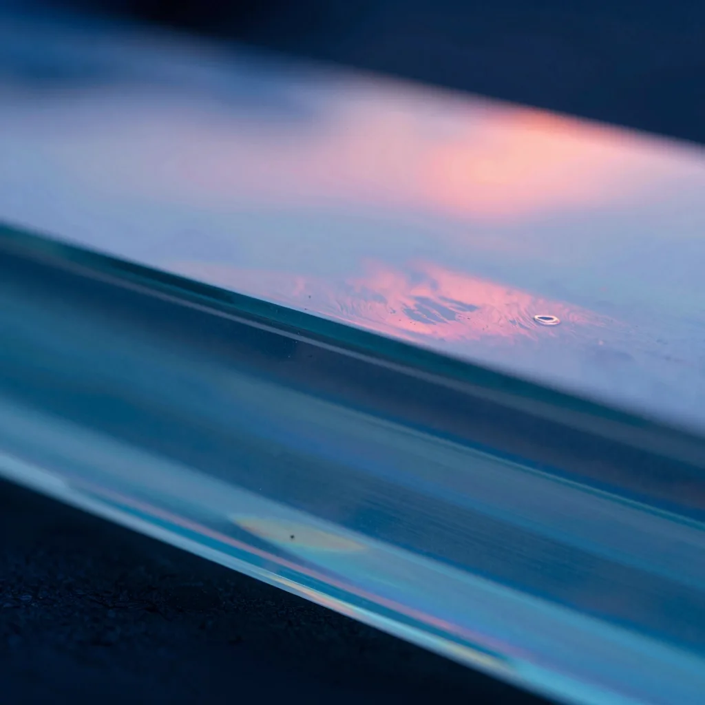Macro detail of stacked translucent layers, cold-blue internal refraction visible through the front face, fine surface scratches catching warm-pink highlight.