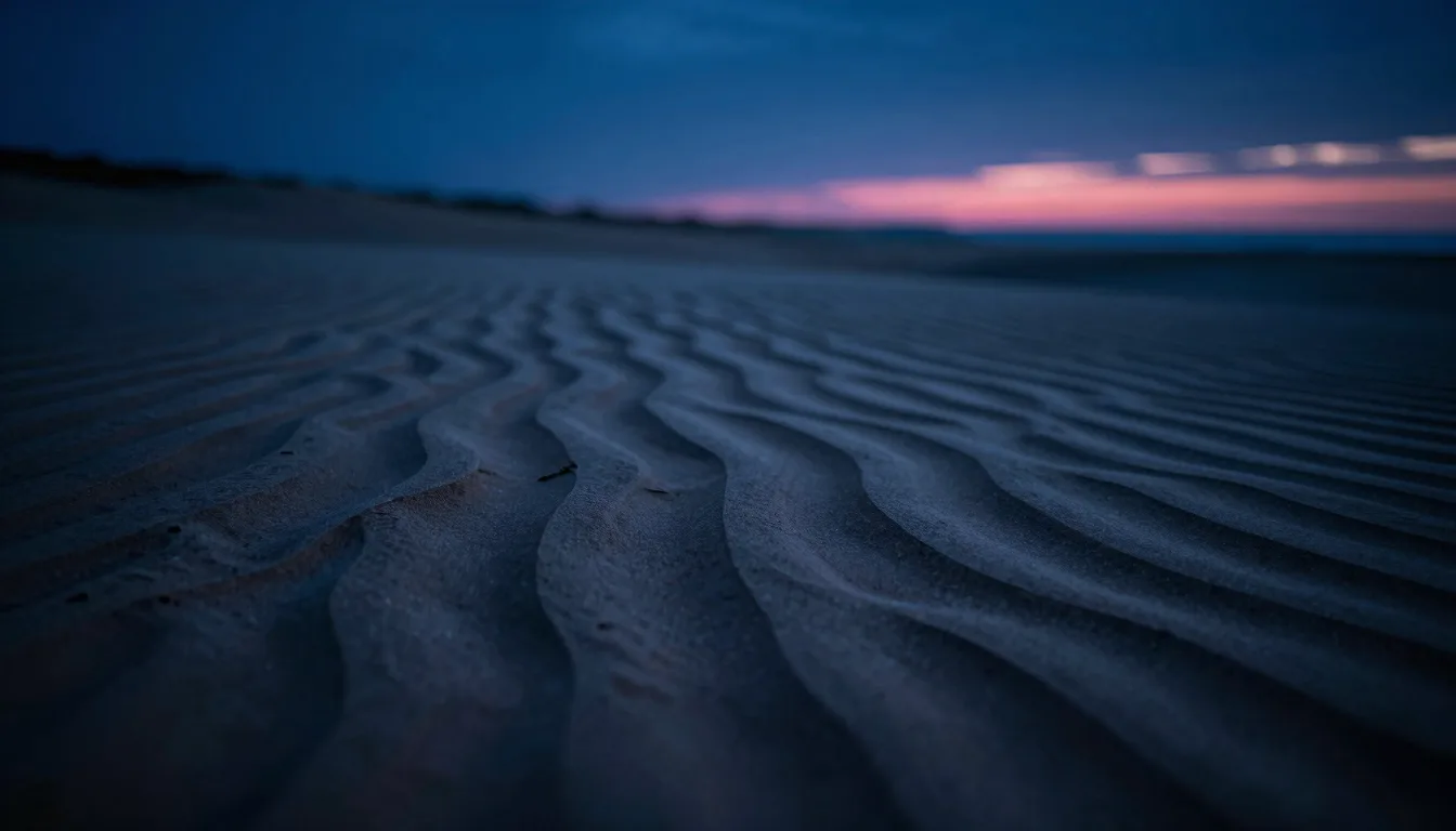 Wind-blown ripple patterns recede toward a defocused horizon in close-up landscape.