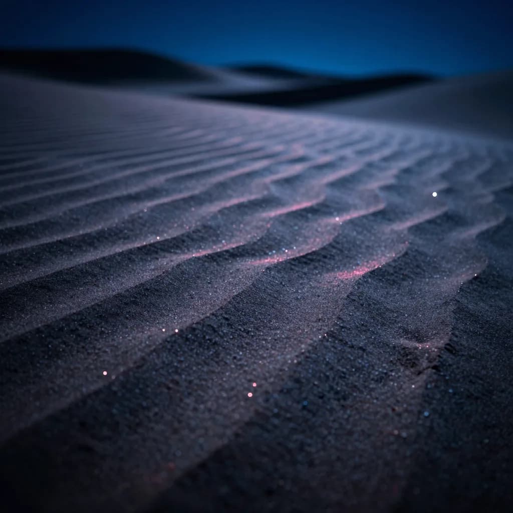 Macro close-up of rippled desert sand grains catching subtle starlight.