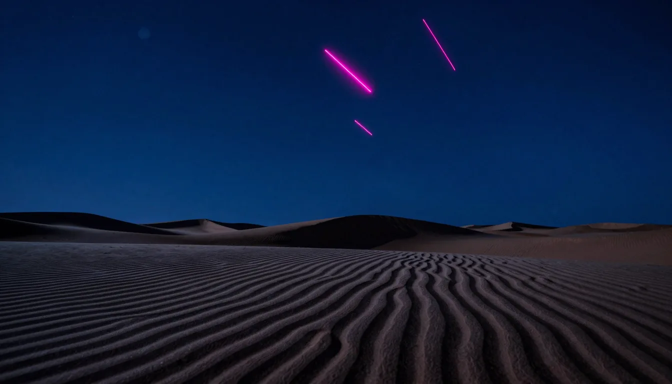 Three pink shooting stars streak across a dark blue night sky above rippled sand dunes.