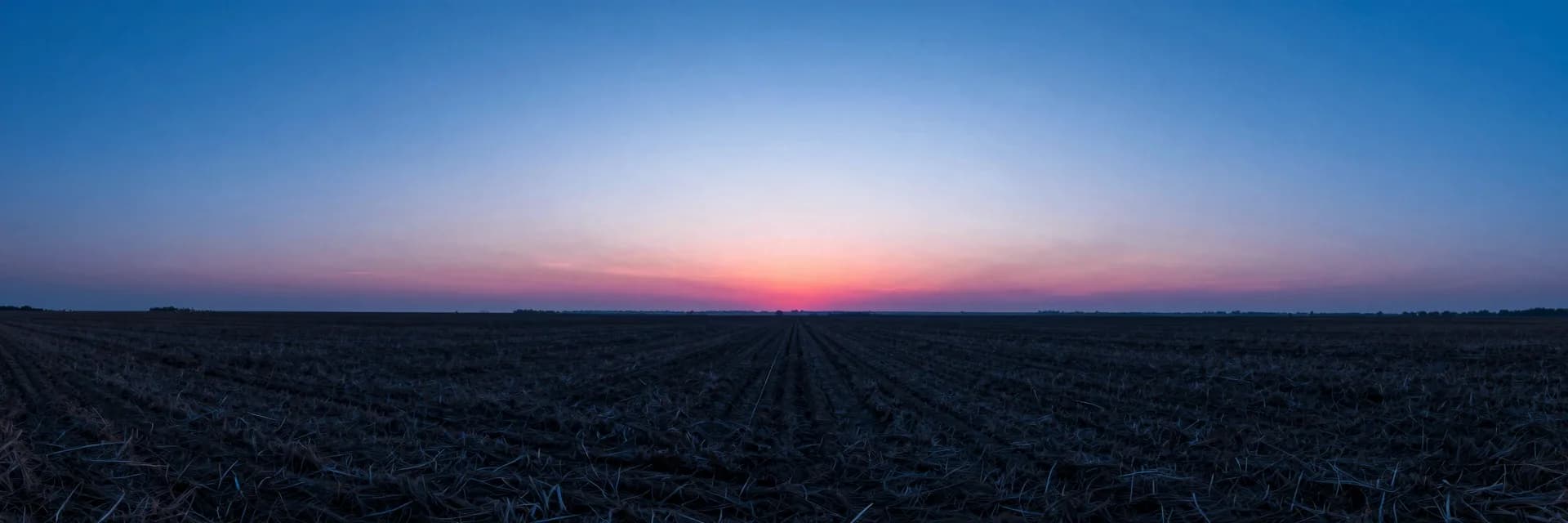 Wide atmospheric landscape at dusk, deep electric blue sky with a low pink horizon glow softening the desert floor.