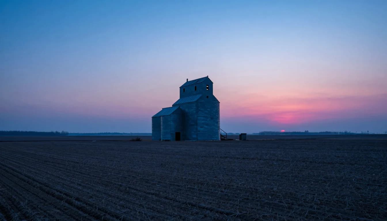 Distant ultra-wide of an abandoned monolithic structure on a vast plain, scale dwarfed by the deep blue horizon.