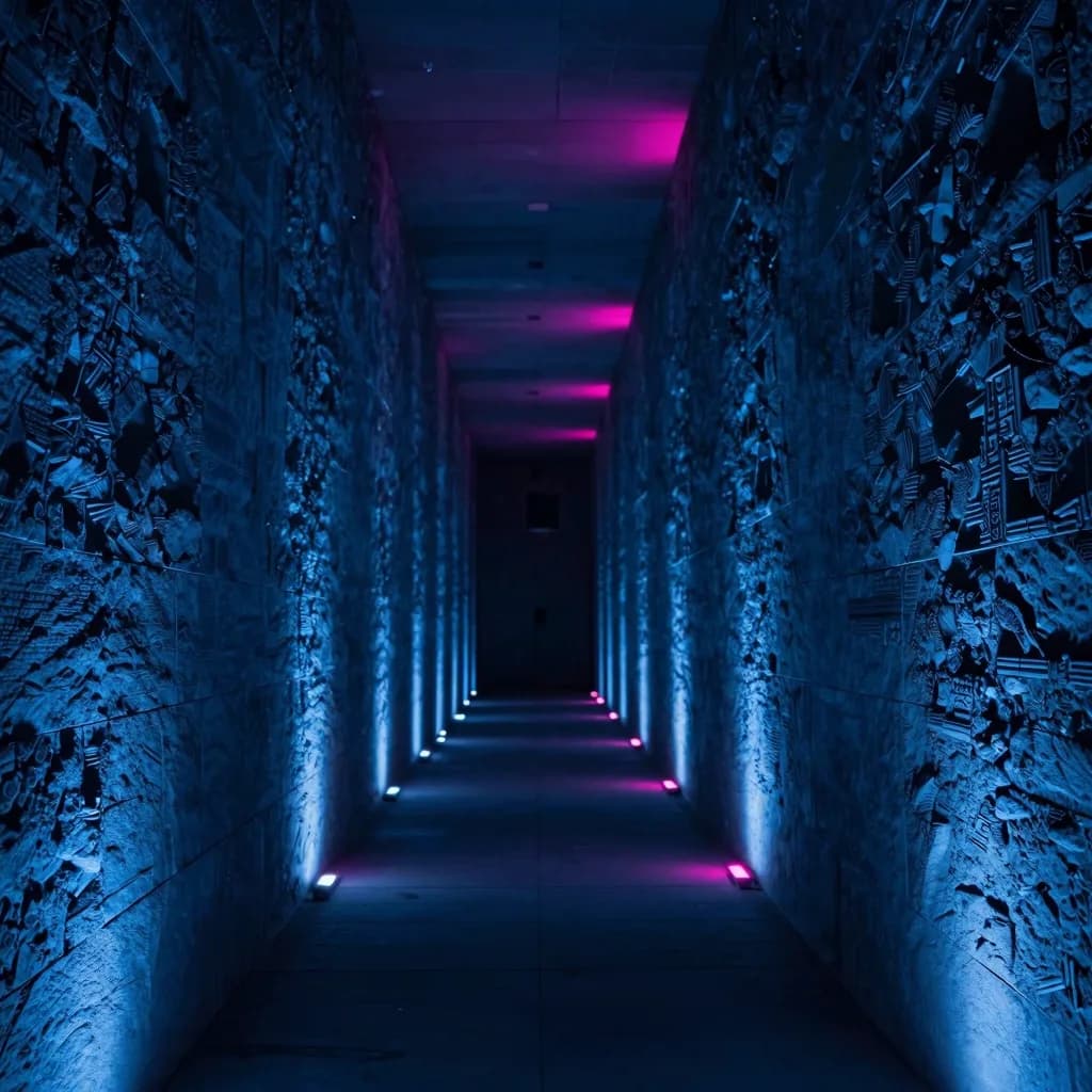 Vertical view looking up the narrow stone corridor toward a ceiling framed by hot-pink LEDs.