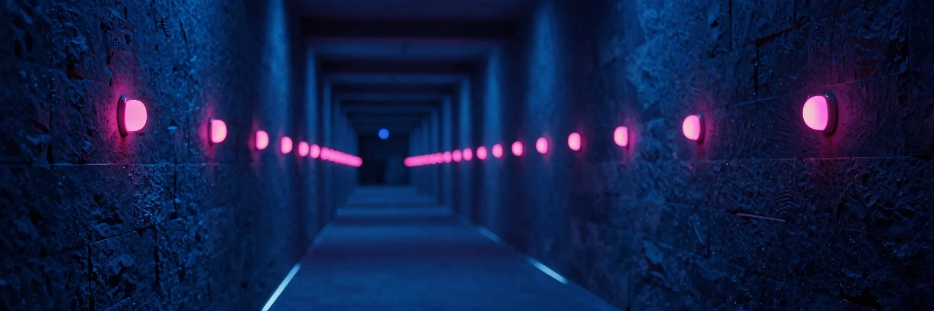 Ultra-wide stone corridor receding toward a vanishing point with hot-pink LEDs serving as leading lines.