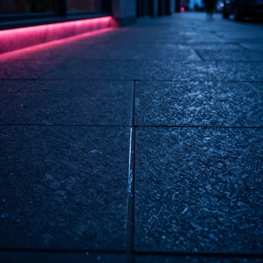Close-up of a stone floor with a hot-pink LED strip running along the base.
