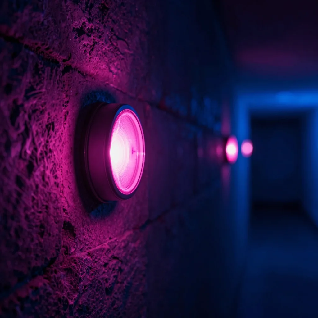 Macro close-up of a single hot-pink LED filament glowing along a stone surface.