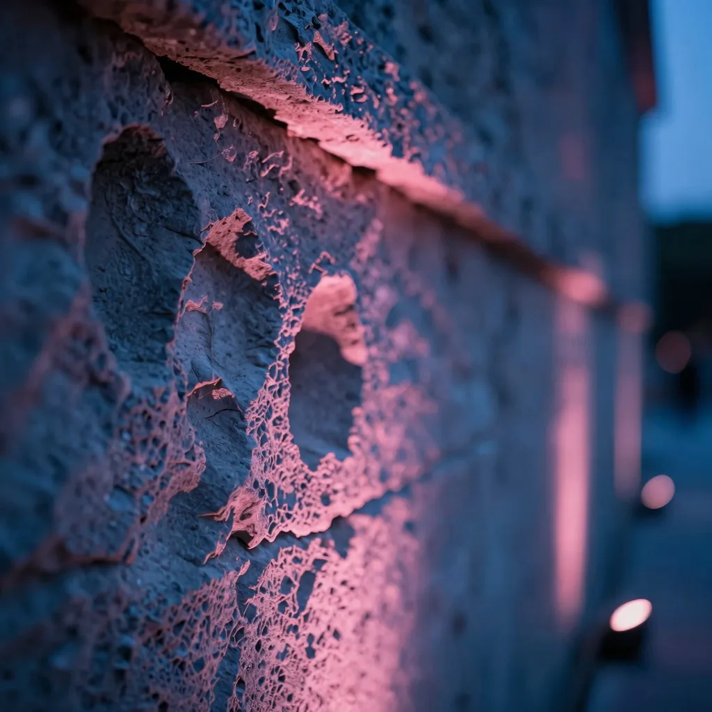 Close-up macro of a weathered stone wall surface bathed in hot-pink LED glow.