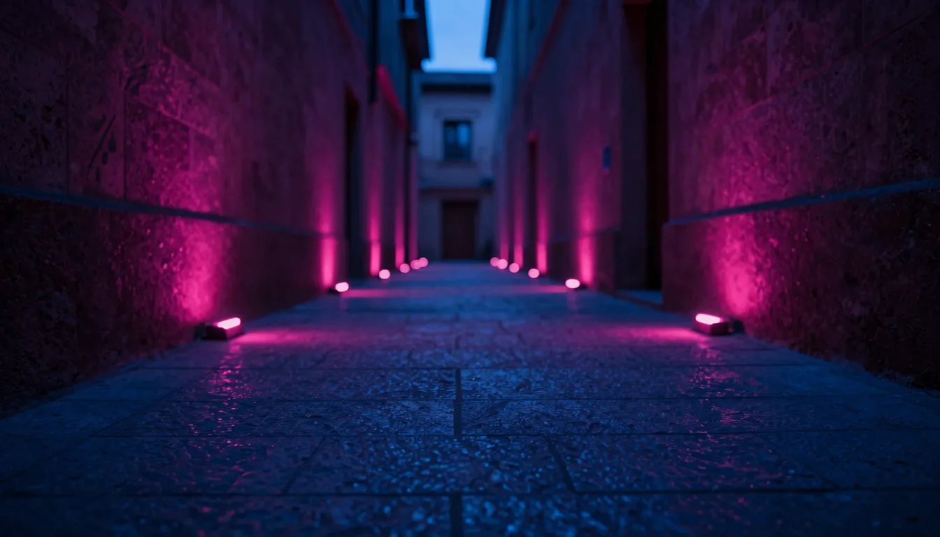 Narrow stone corridor illuminated by hot-pink LED strips along the floor and ceiling, perspective receding to a vanishing point.