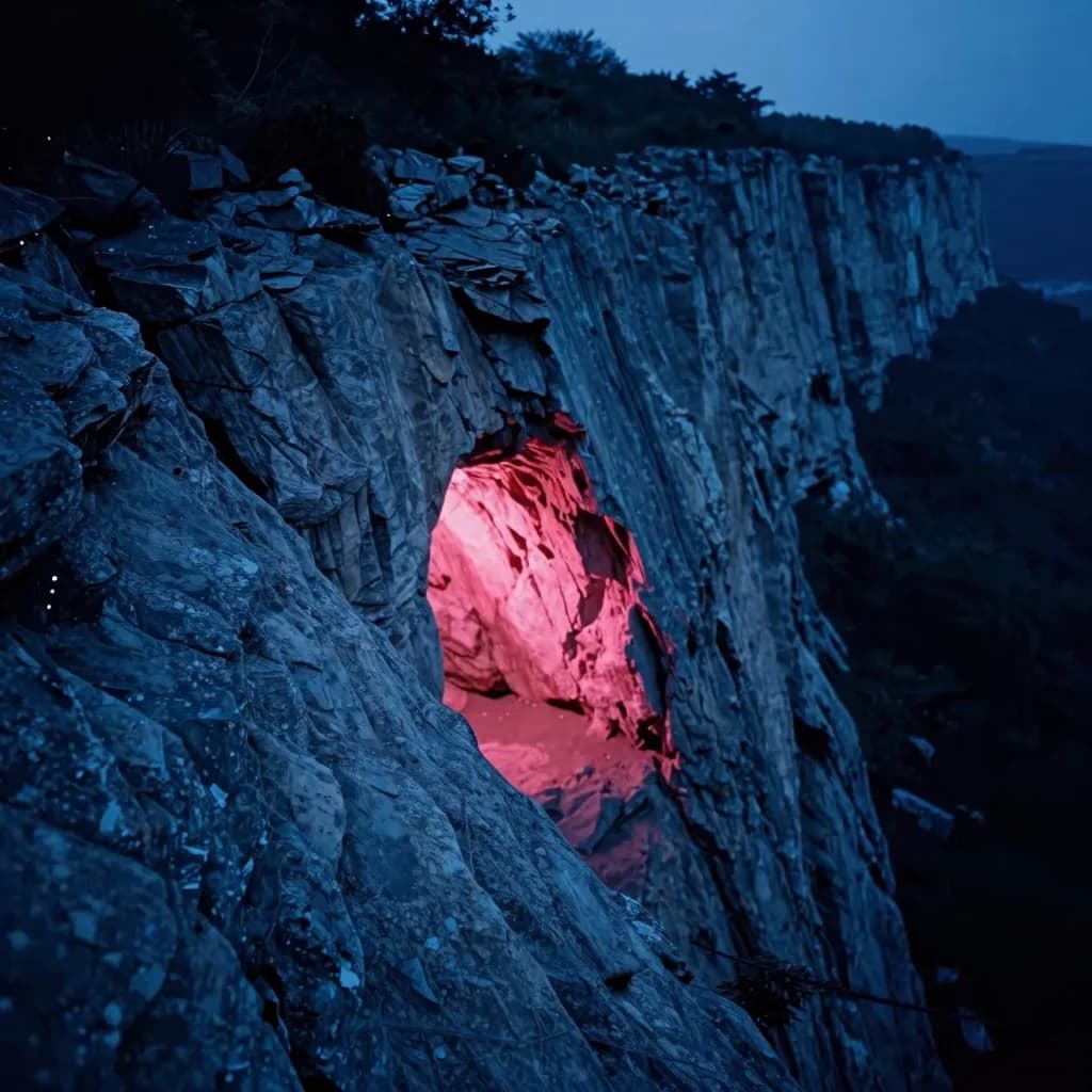 Single pinkish-red glowing cave opening on a textured cliff wall at dusk, viewed from above and slightly to the side as if descending toward it, the cave glow drawing the eye to the entrance.