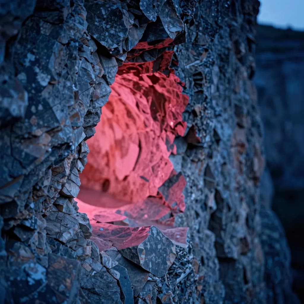 Extreme close-up macro of the rocky edge of the single glowing pink-red cave opening, jagged rock fragments along the perimeter lit hot-pink from within the cave interior, abstract geological detail.