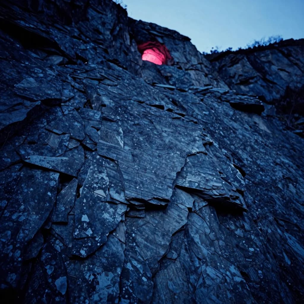 Extreme worm's-eye low angle from the base of a vast rocky cliff at dusk, looking straight up the textured cliff face that fills the lower seventy percent, the single pinkish-red glowing cave opening visible high in the upper third like a small bright wound on the cliff.