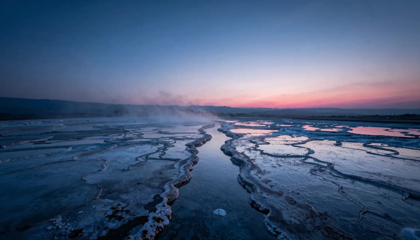 Distant ultra-wide of an abandoned monolithic structure on a vast plain, scale dwarfed by the deep blue horizon and a pink sky band.