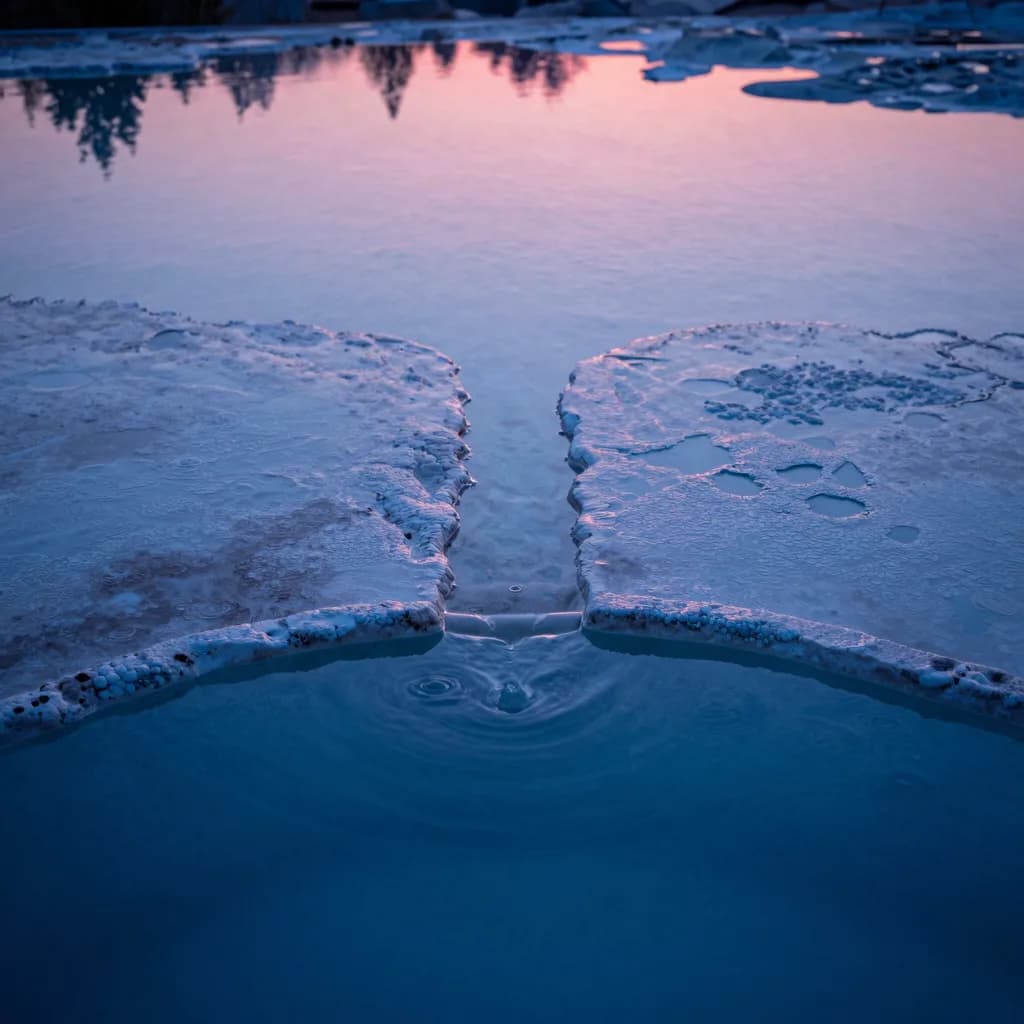 Single fragment of fractured iridescent glass against deep blue, sharp edges catching cool light and a faint pink reflection.