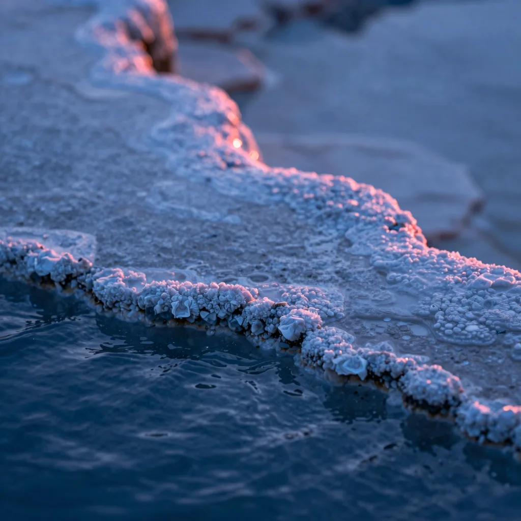 Macro detail of crystalline glass surface with electric blue rim light highlighting micro-texture and fine refractive cracks.