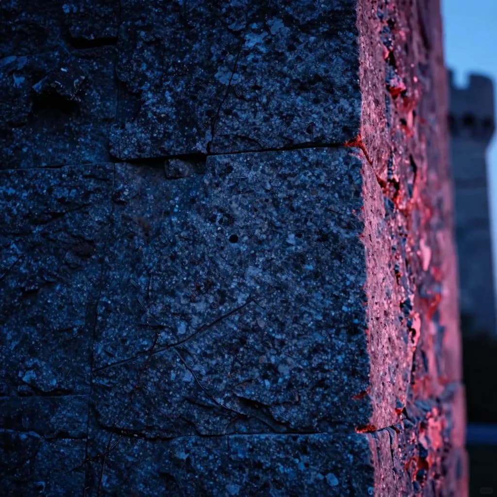 Macro detail of the tower's stonework, weathered surface texture filling the frame.