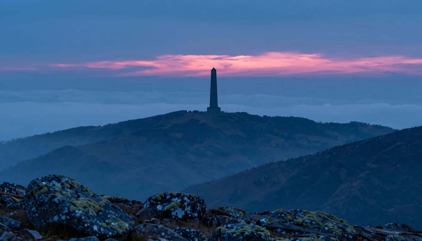 A solitary tower rising from a distant ridge under a soft horizon, the scale of the structure dwarfed by surrounding terrain.