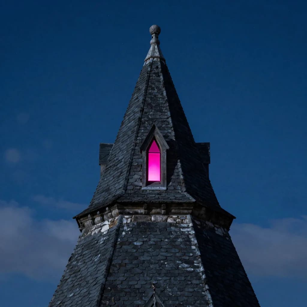 Close perspective on the tower's pointed roof, geometric form set against a quiet sky.