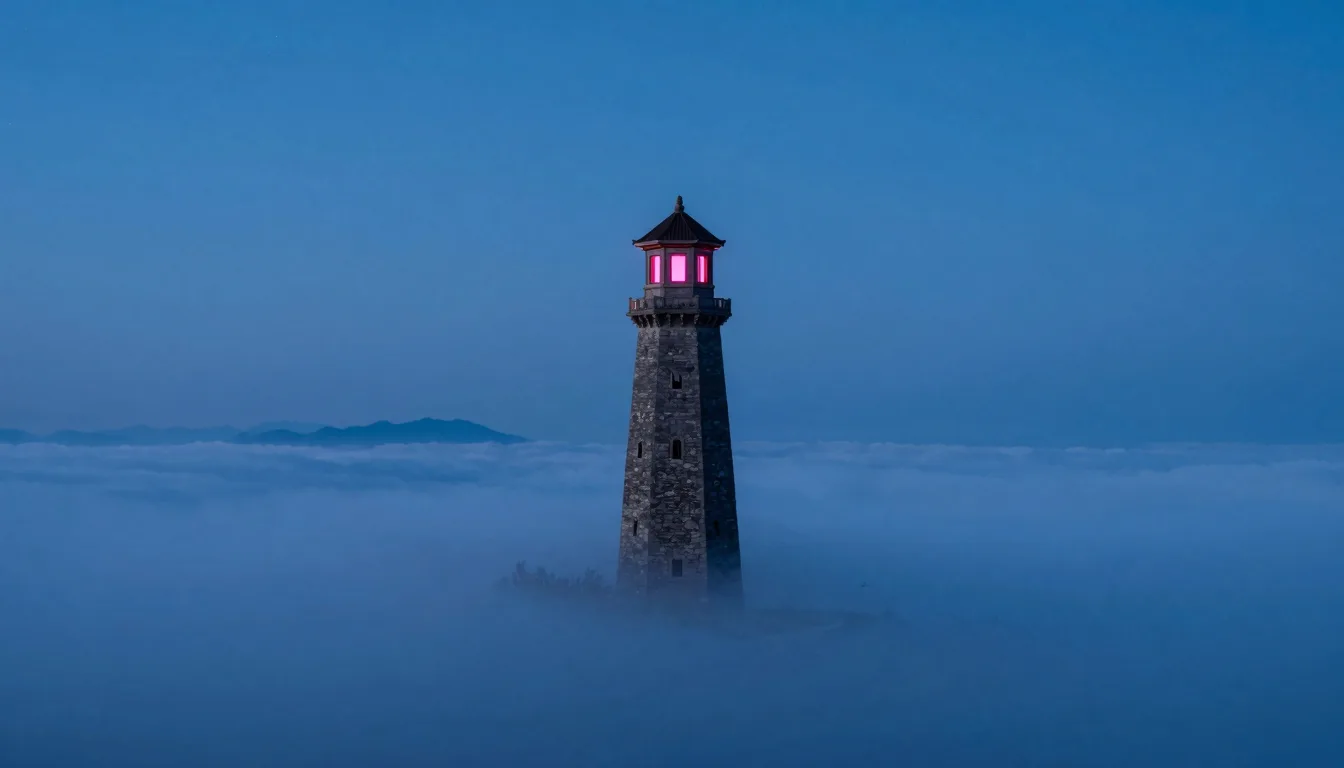 The tower emerging from a sea of low clouds, only the upper portion visible above the white blanket.