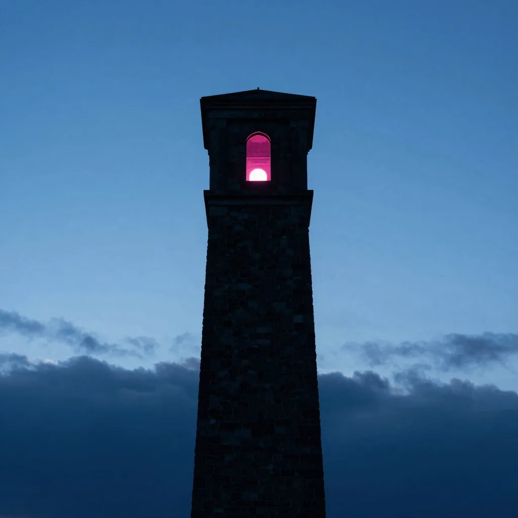 The tower reduced to a clean silhouette against a backlit sky, form prioritized over detail.