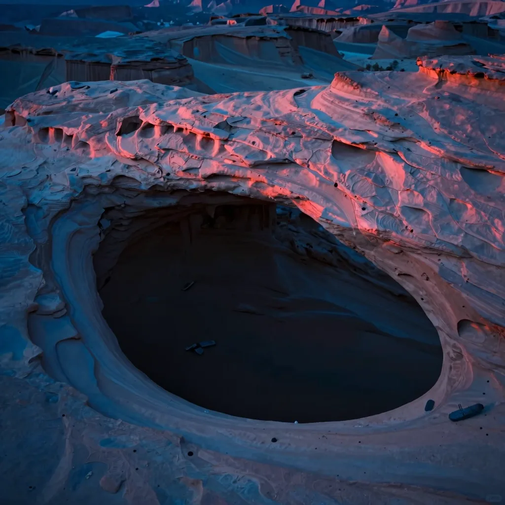 Single fragment of fractured iridescent glass against deep blue, sharp edges catching cool light and a faint pink reflection.