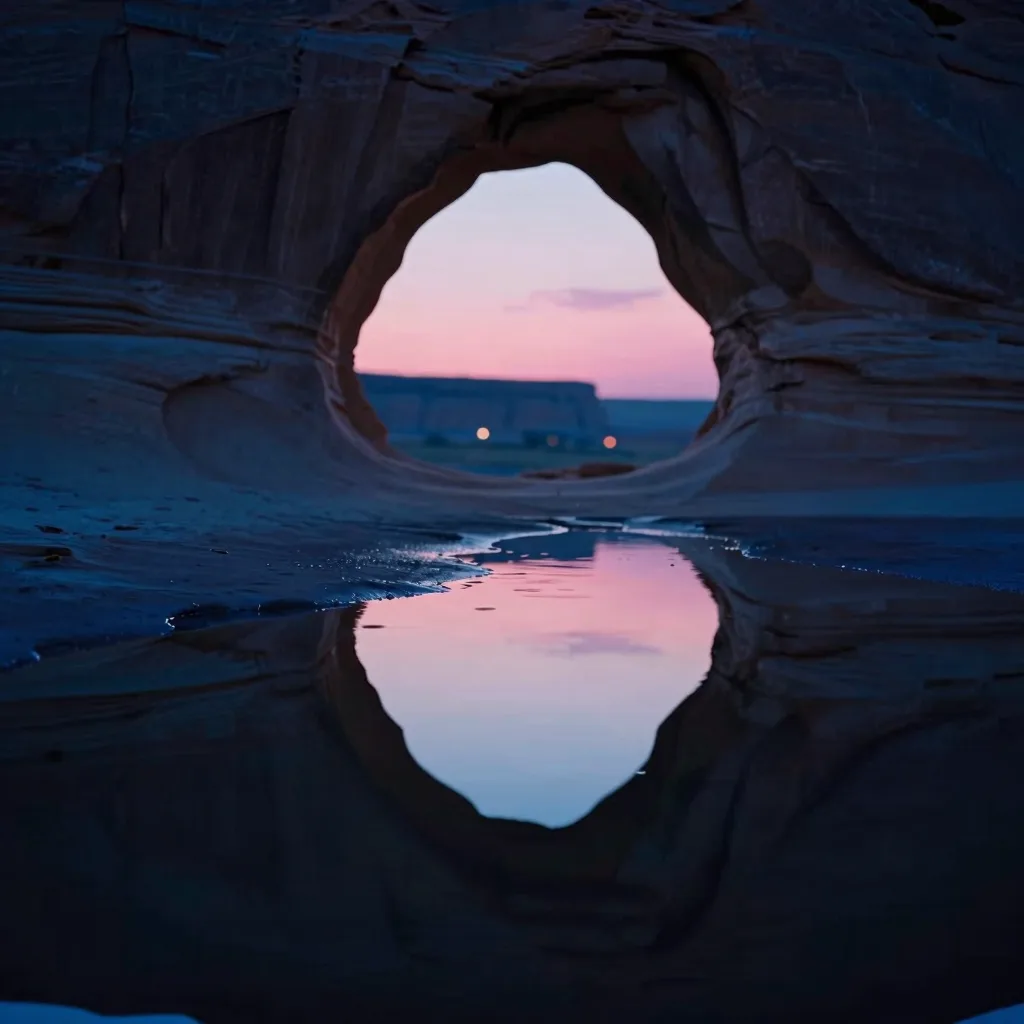 Mirrored reflection of layered glass surfaces with pink and blue color cast bleeding across the polished plane.