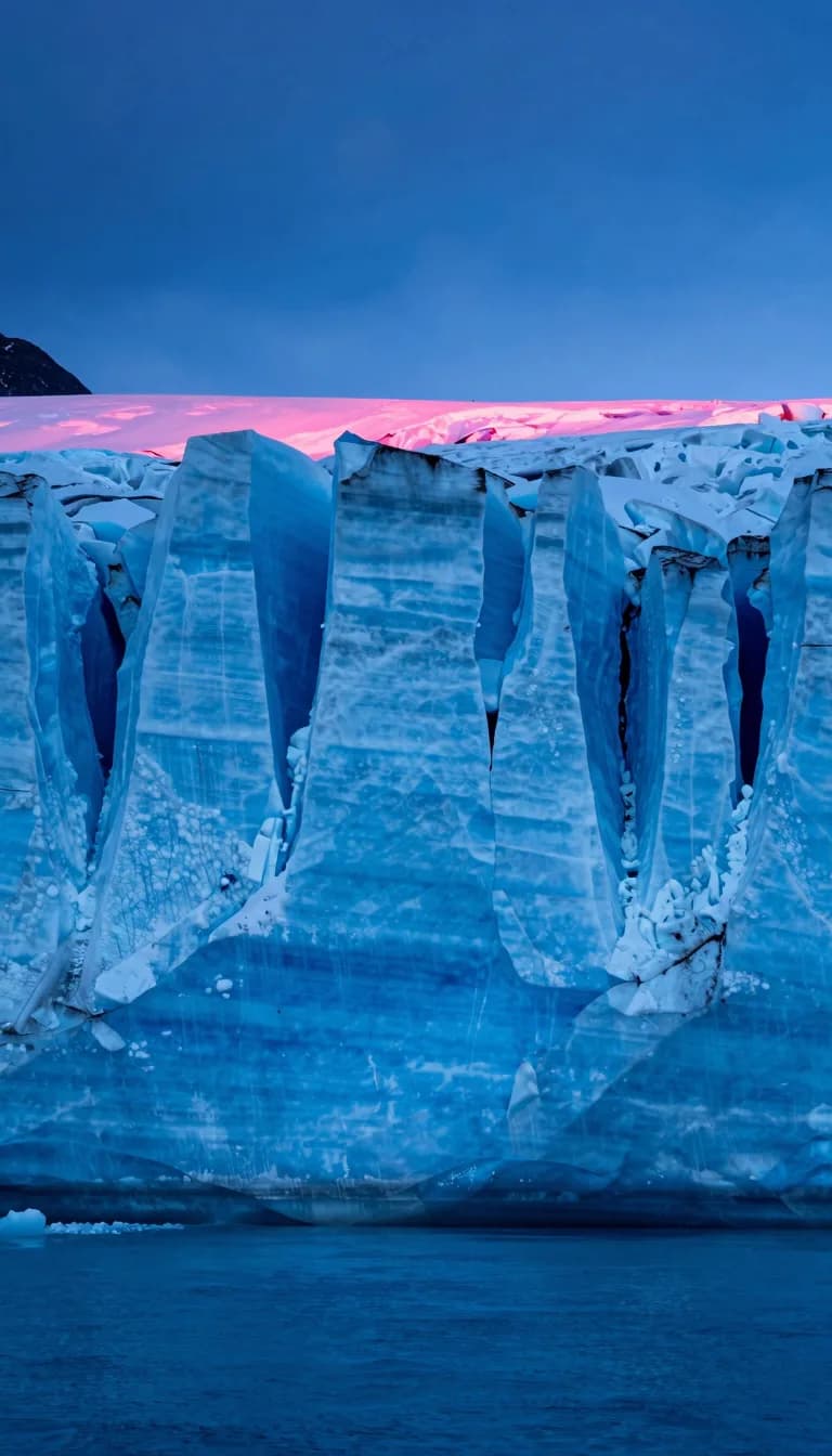 tall vertical of frozen water form under electric-blue twilight with hot-pink sunset - companion image for the git worktrees for parallel agents guide