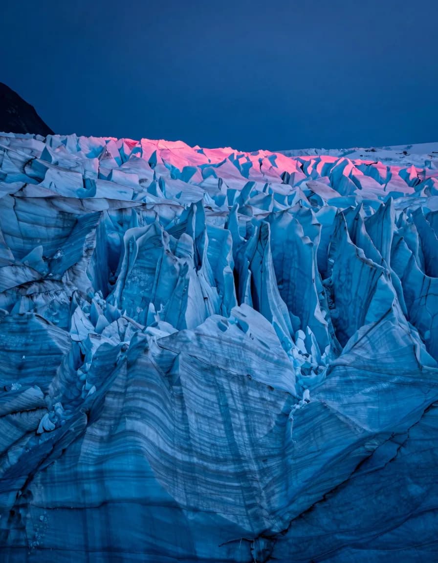 portrait orientation of frozen water form under electric-blue twilight with hot-pink sunset - companion image for the git worktrees for parallel agents guide
