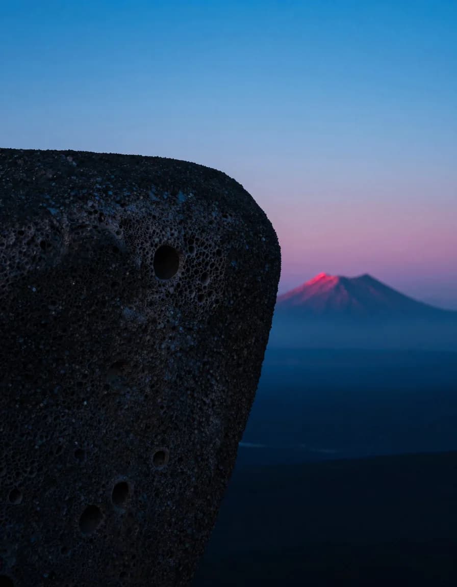 Ultra-wide backlit silhouette of a single tall translucent slab against a deep electric-blue evening sky, hot-pink magic-hour band along the low horizon.