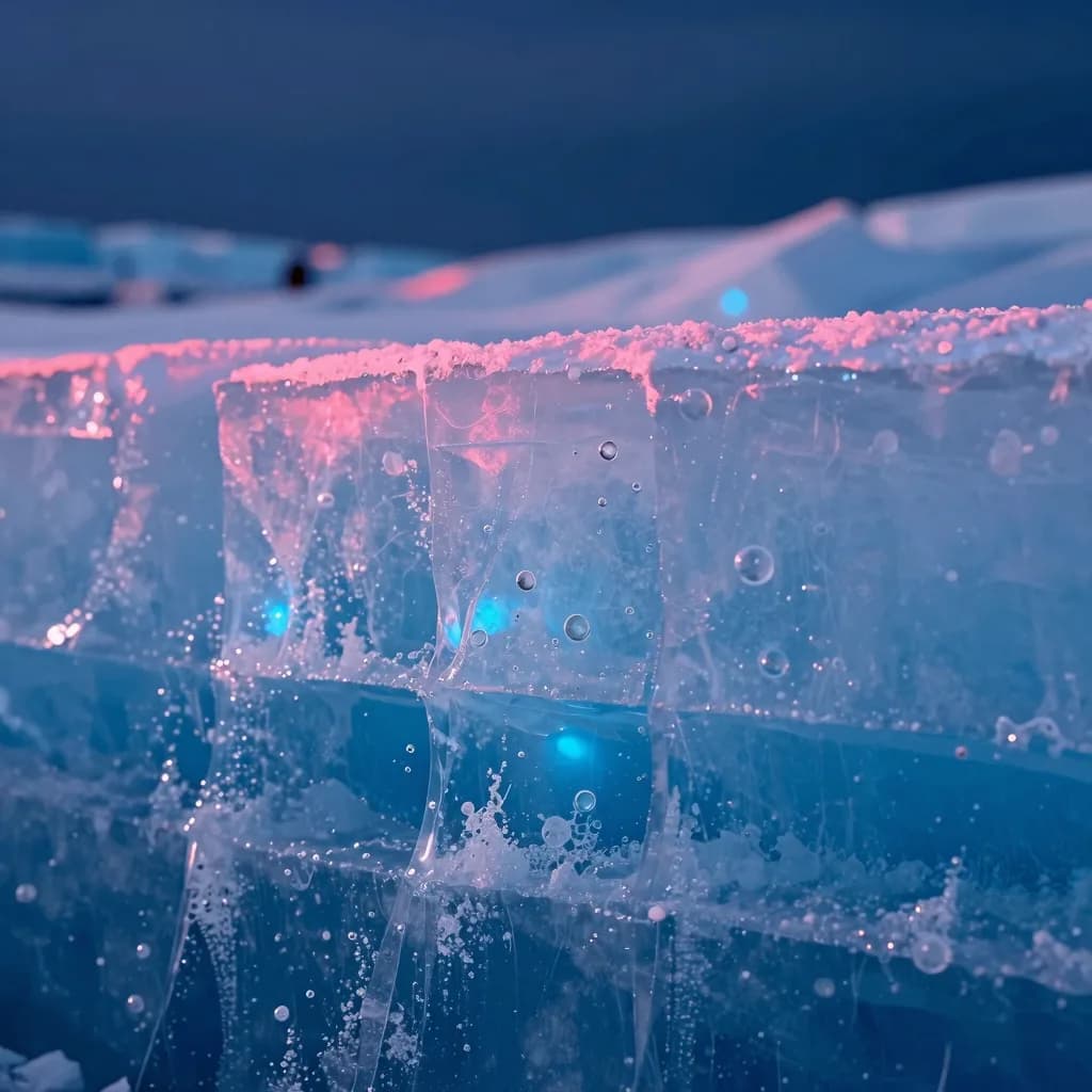 Tight close-up macro of weathered ice surface showing visible cracks and snow accumulation in the deep textures, cold rim light catching the edges.