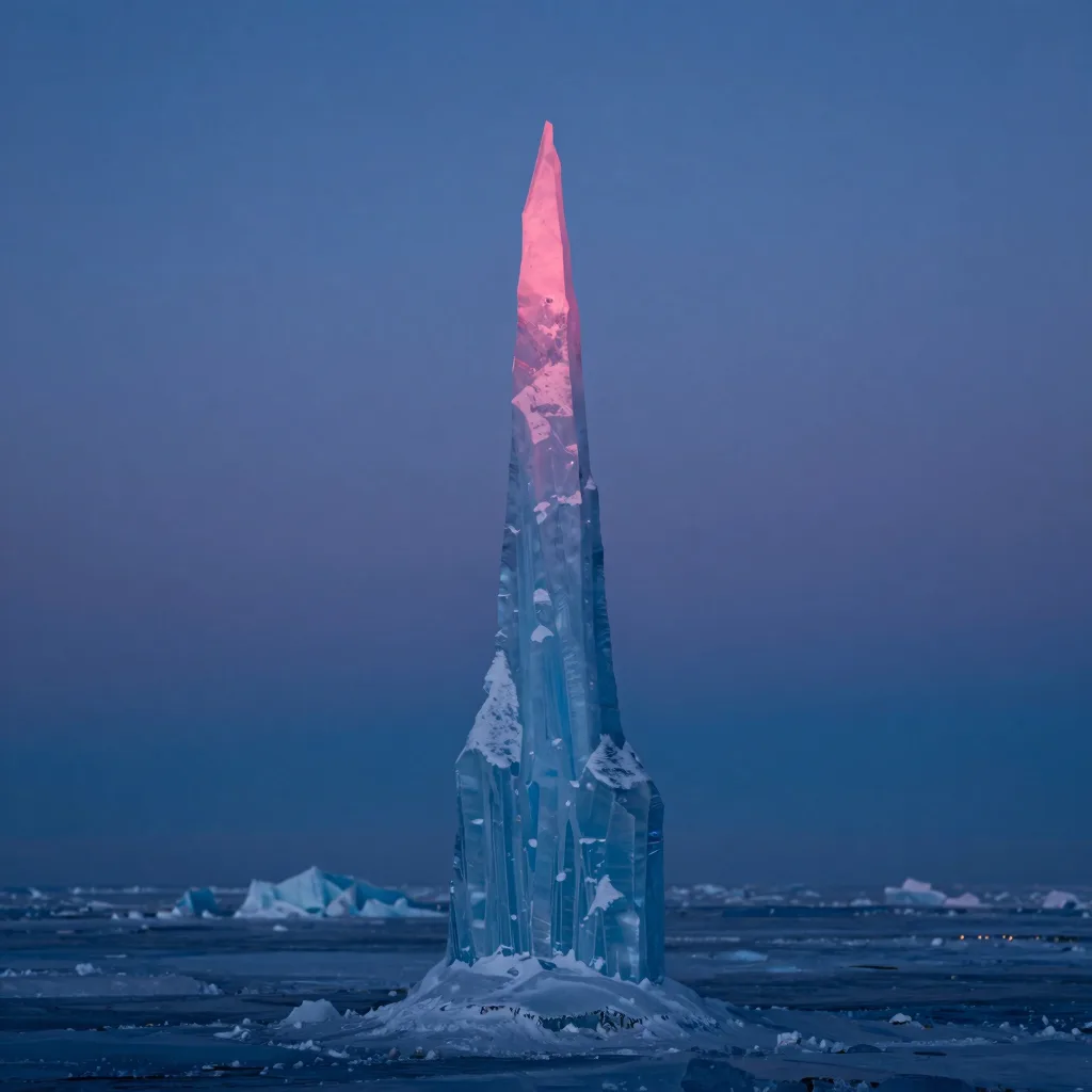 Single tall ice spire isolated against an open dusk sky at sunset, vertical-emphasis composition with the spire dominating the frame, hot-pink dusk glow on the upper edges.