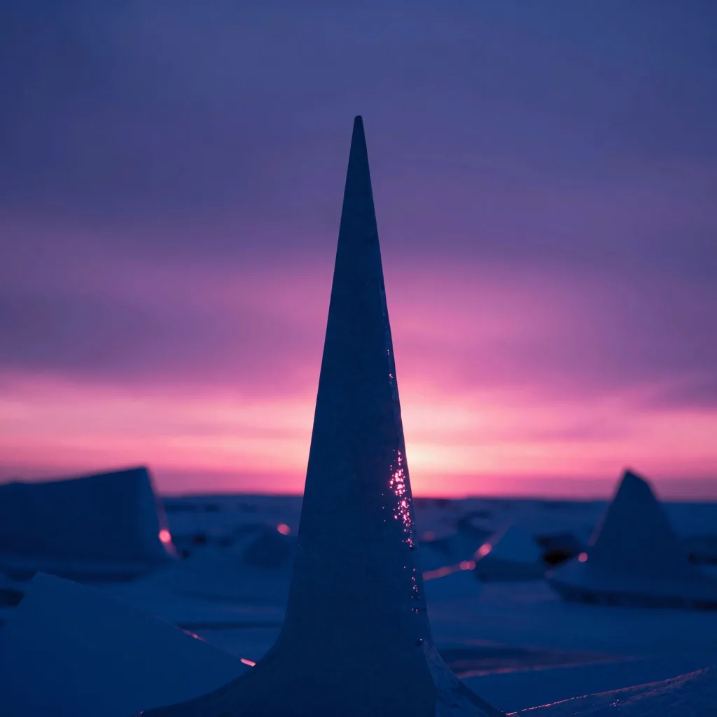 Single tall ice spire silhouetted dark against a bright pink and purple sunset, dramatic backlit composition with the sunset glow concentrated directly behind.