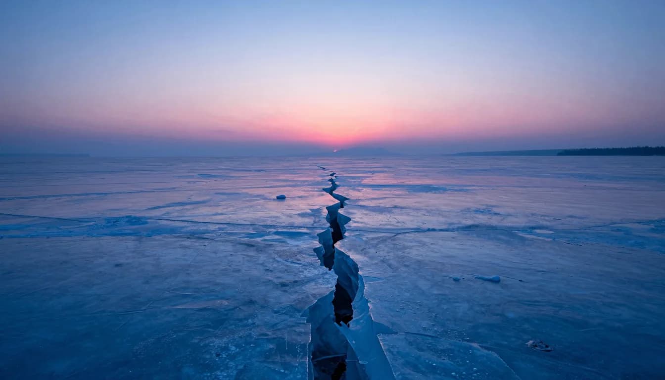 Ultra-wide distant shot of a solitary translucent monolith on a dim plain, vanishing horizon, electric-blue atmospheric haze, hot-pink rim on the far edge.