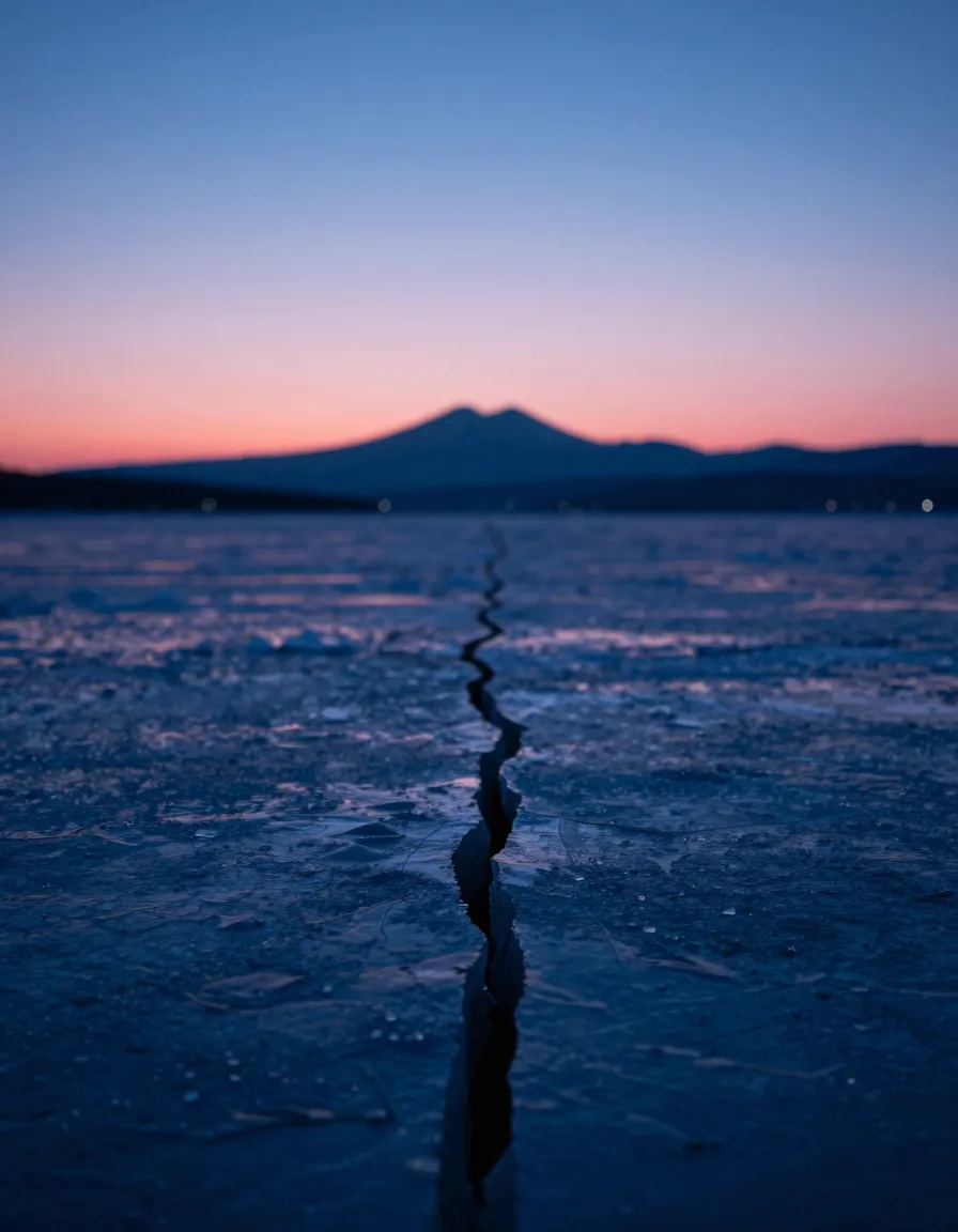 Ultra-wide backlit silhouette of a tall translucent slab against a deep electric-blue dusk sky, hot-pink magic-hour band burning low along the horizon.