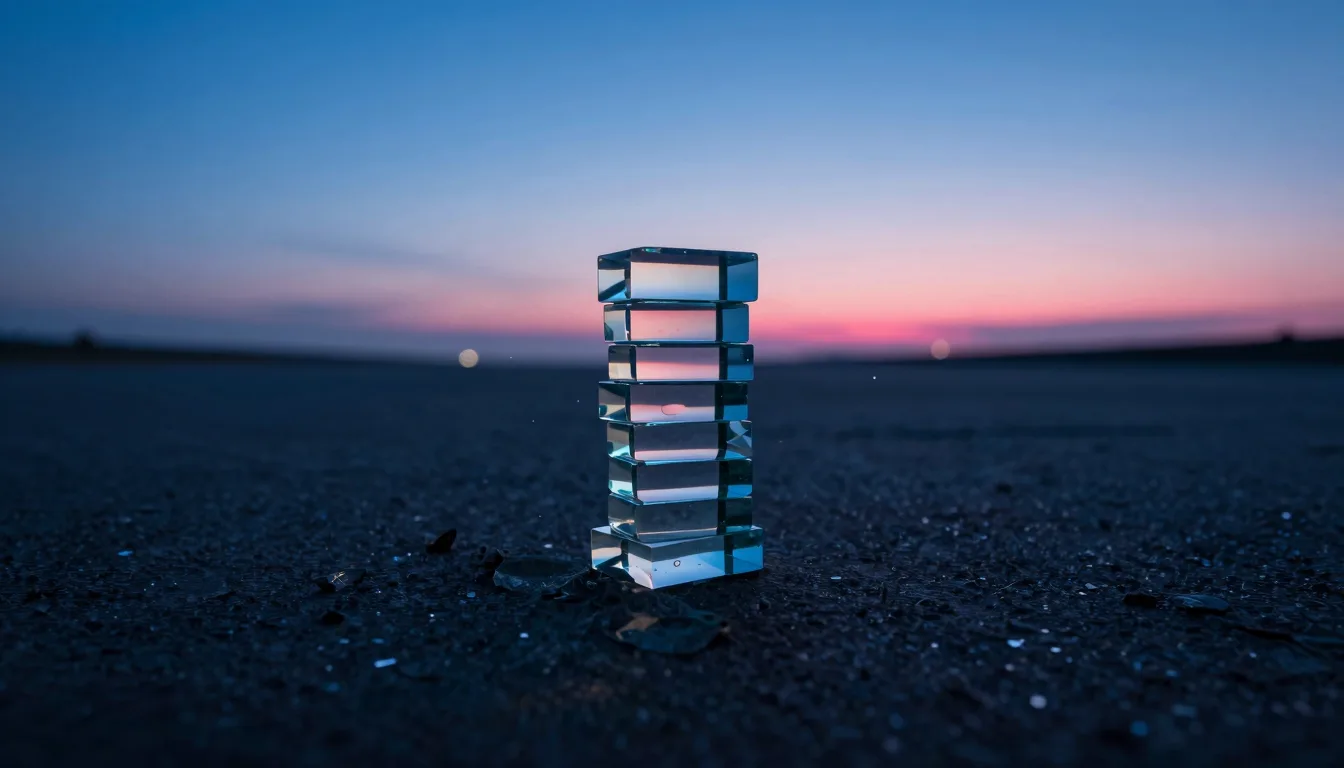 Distant ultra-wide of an abandoned monolithic structure on a vast plain, scale dwarfed by the deep blue horizon and a pink sky band.