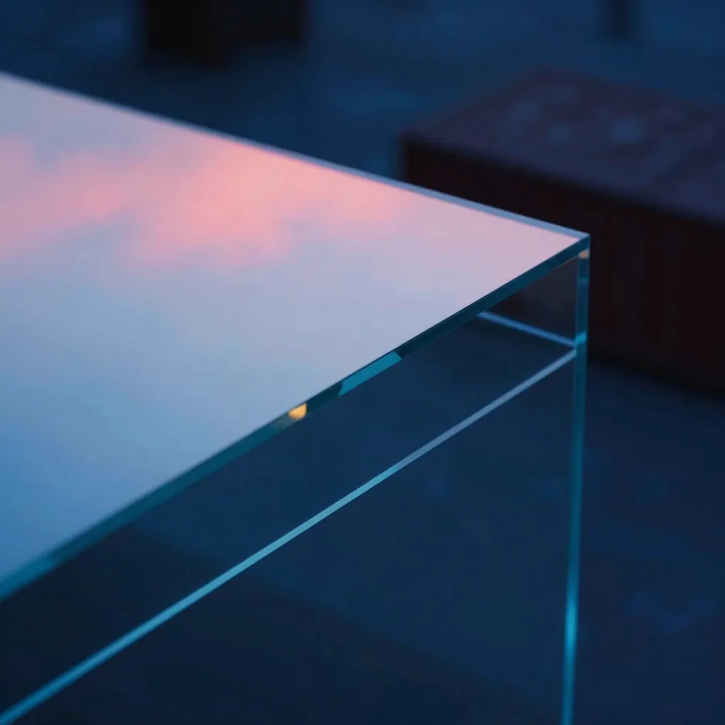 Single fragment of iridescent glass shard against deep blue, sharp edges catching cool light and a faint pink reflection.